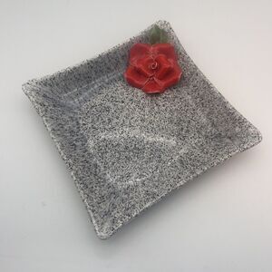 Lovina Ceramics Vintage Splatterware Grey Ceramic Square Plate with Rose